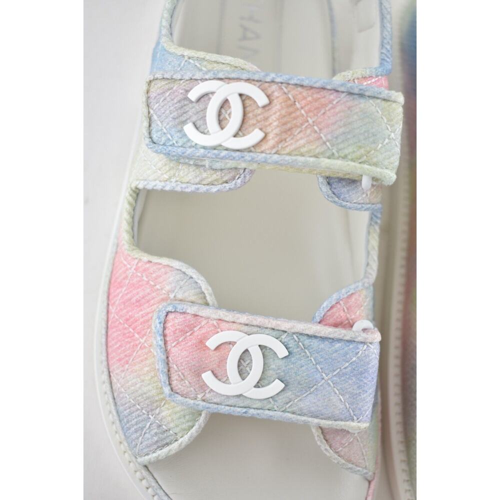 Chanel 22C Green Pink Blue White CC Logo Mule Slide Strap Flat Dad Sandal 35 - Picture 7 of 12